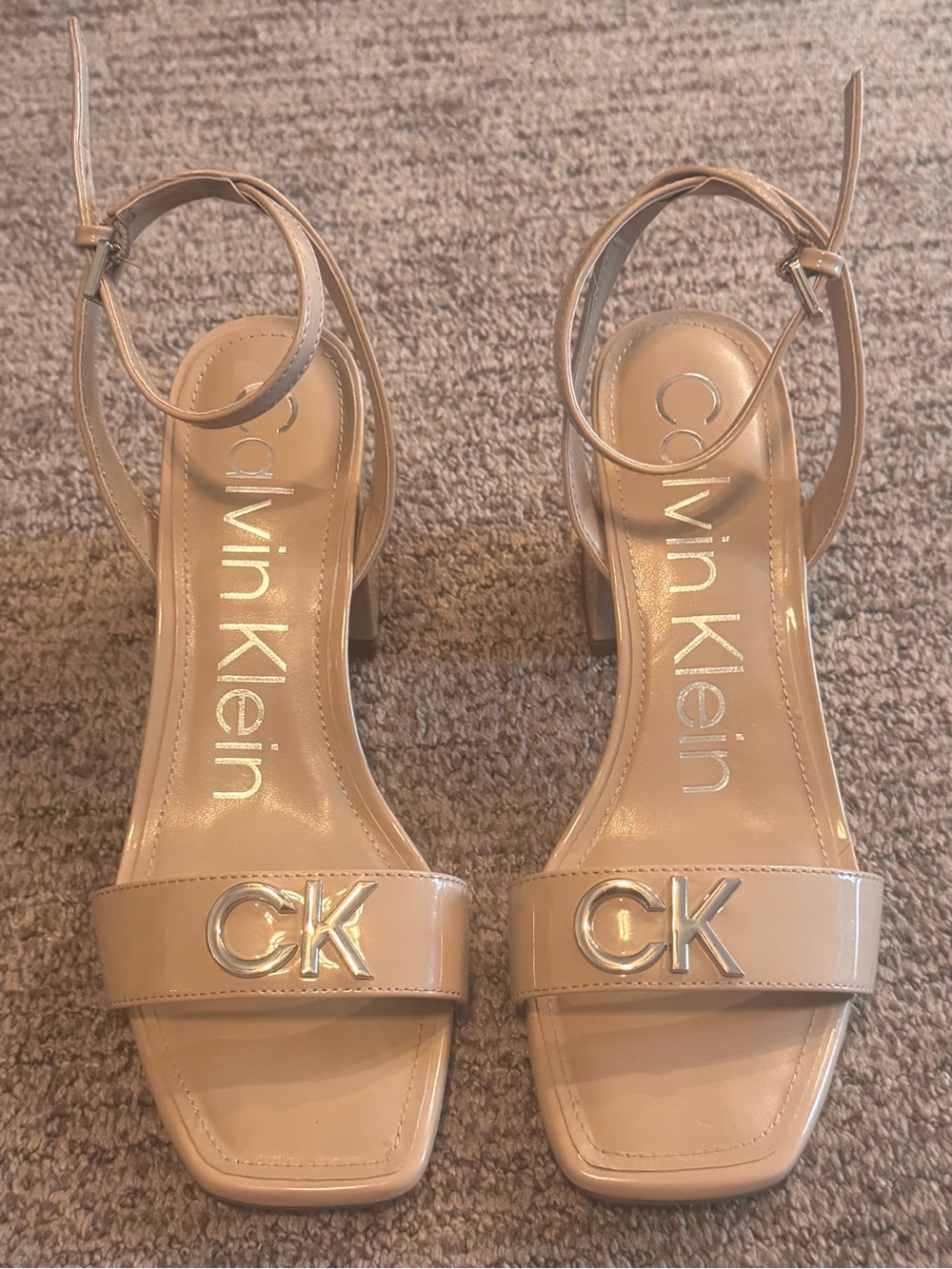 Calvin Klein Patent Nude Ankle-Strap Heels with CK Logo